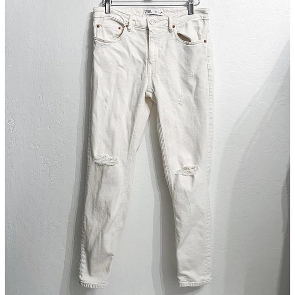 Zara Straight Distressed Straight Denim Jeans Womens 4 White Mid Rise Mom - Picture 1 of 7